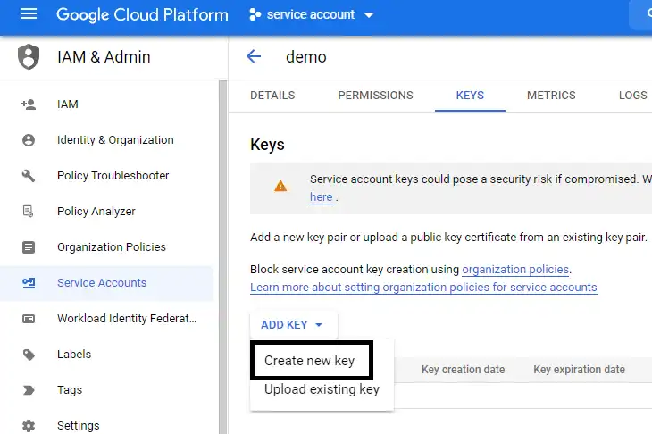 generate P12 key for Google service account