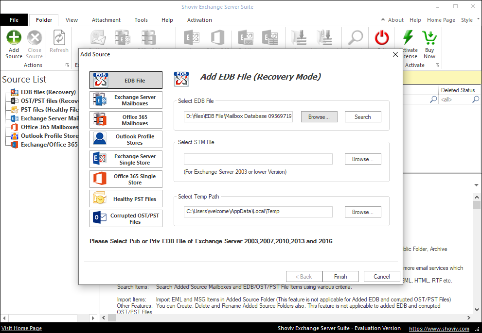 add EDB files or Exchange Server mailboxes