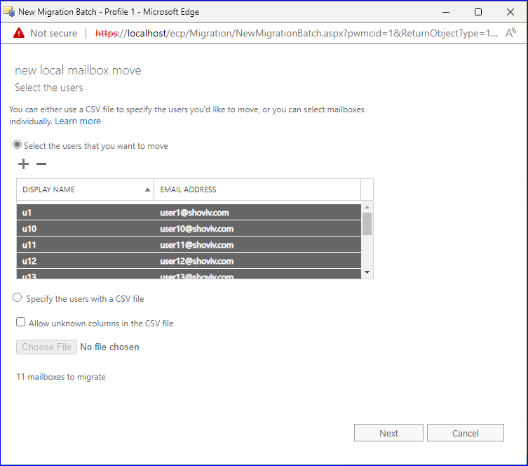 select the mailboxes to upgrade into Exchange 2016