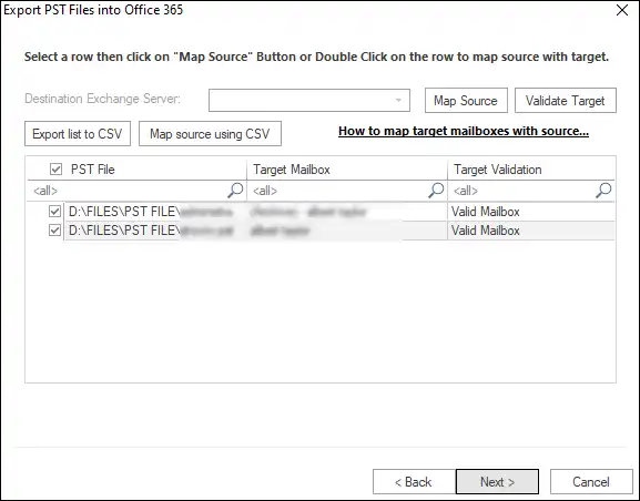 Map source PST with Office 365 mailbox using .csv