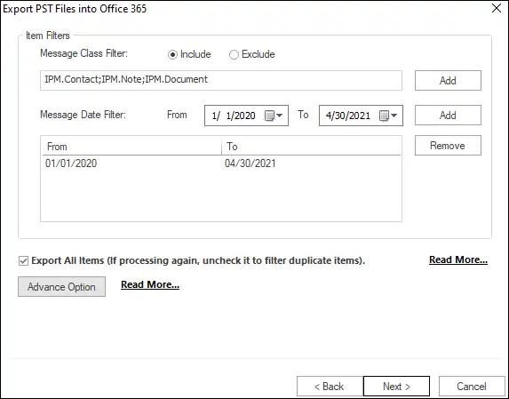 Filter items during PST to Office 365 Import