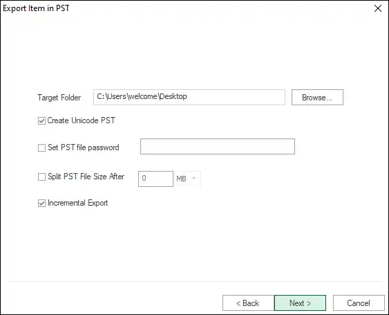 Choose a export path and split option