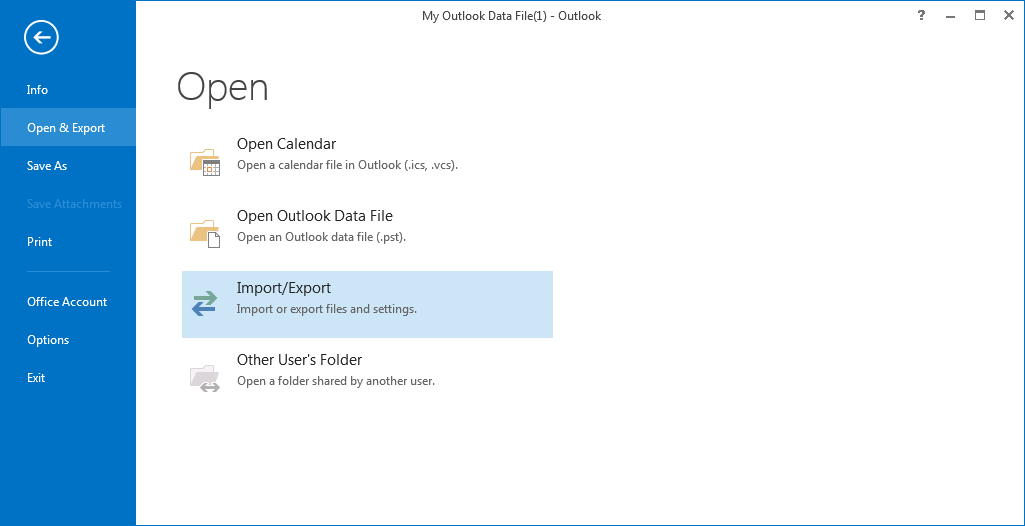 Open Outlook Import Export Option