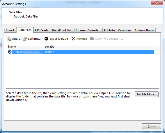 Data files option and click the Add button to add a new .pst.