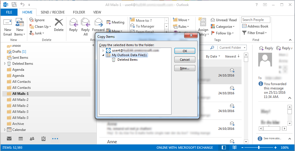 copying the old PST file’s items