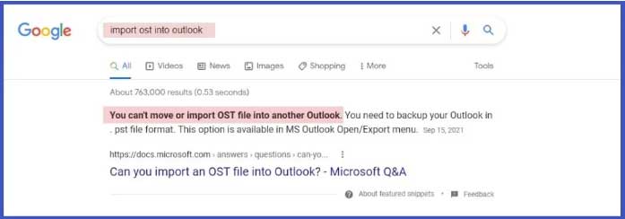 Google Search for import OST to Outlook