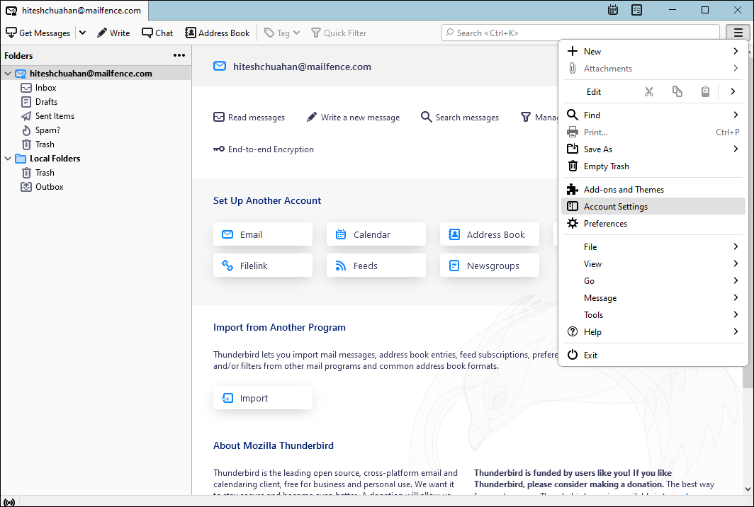 Thunderbird Menu option 