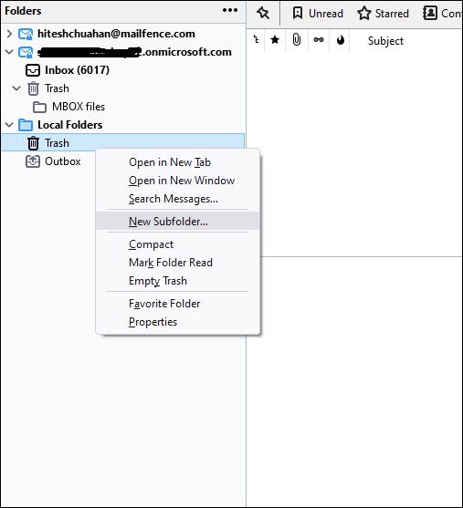 click on the New Subfolder option