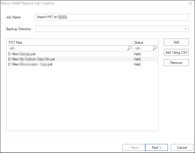 Enter a job name and add the PST files 