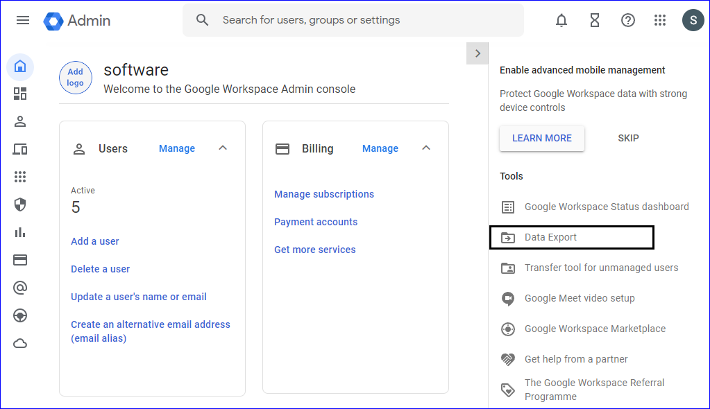 Google Workspace admin console