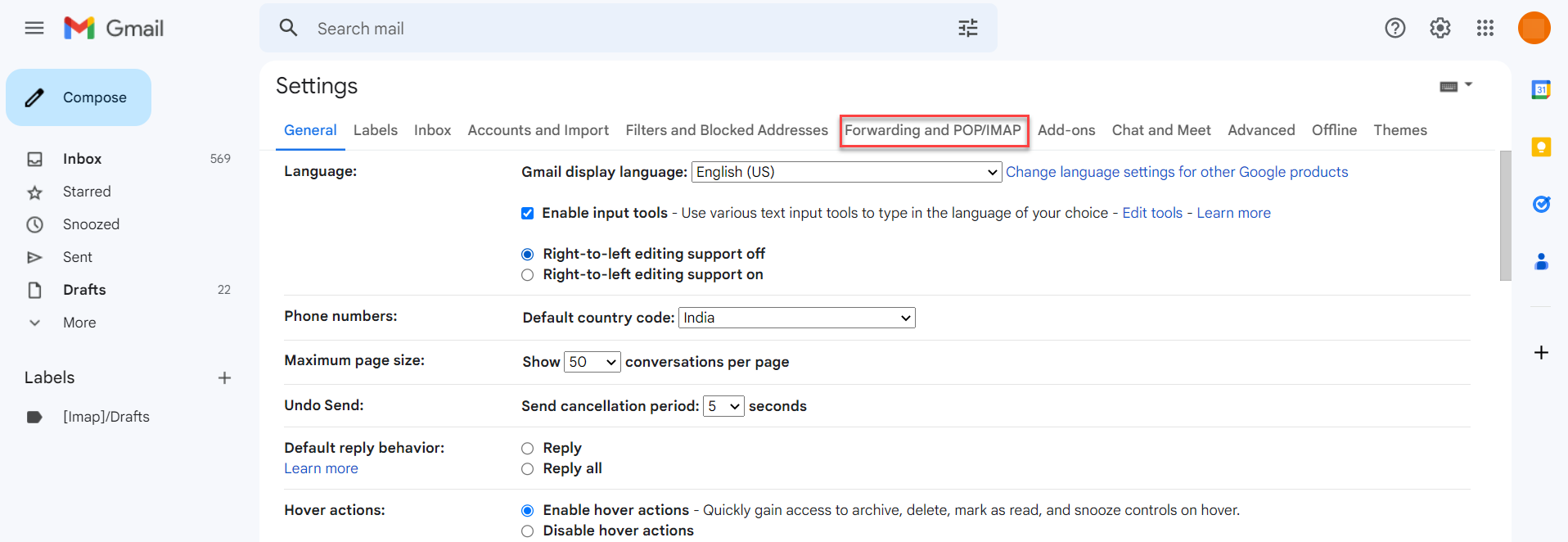 select Forwarding and POP/IMAP 