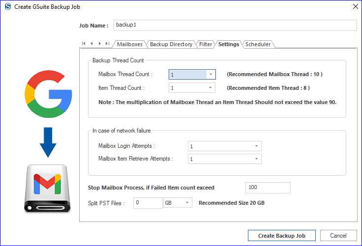 • This tab allows customizing the backup Google Workspace process