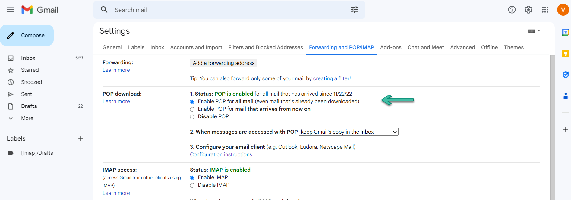 enable the POP for mail 
