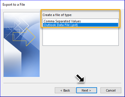 Select Outlook data file PST