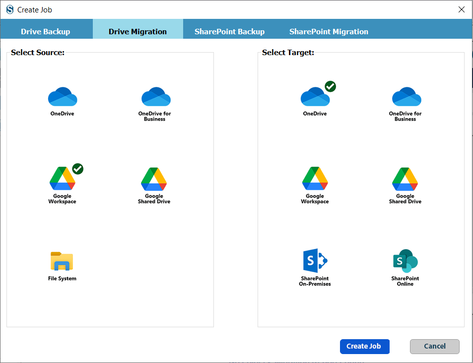 Choose Source Google Drive and Target OneDrive