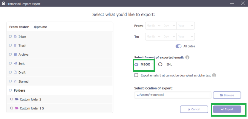 export MBOX file from Protonmail