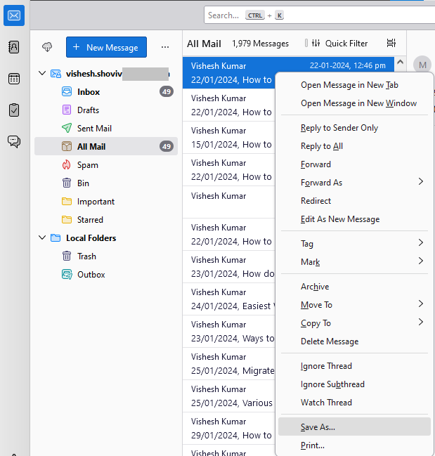 Save Thunderbird Emails as EML file
