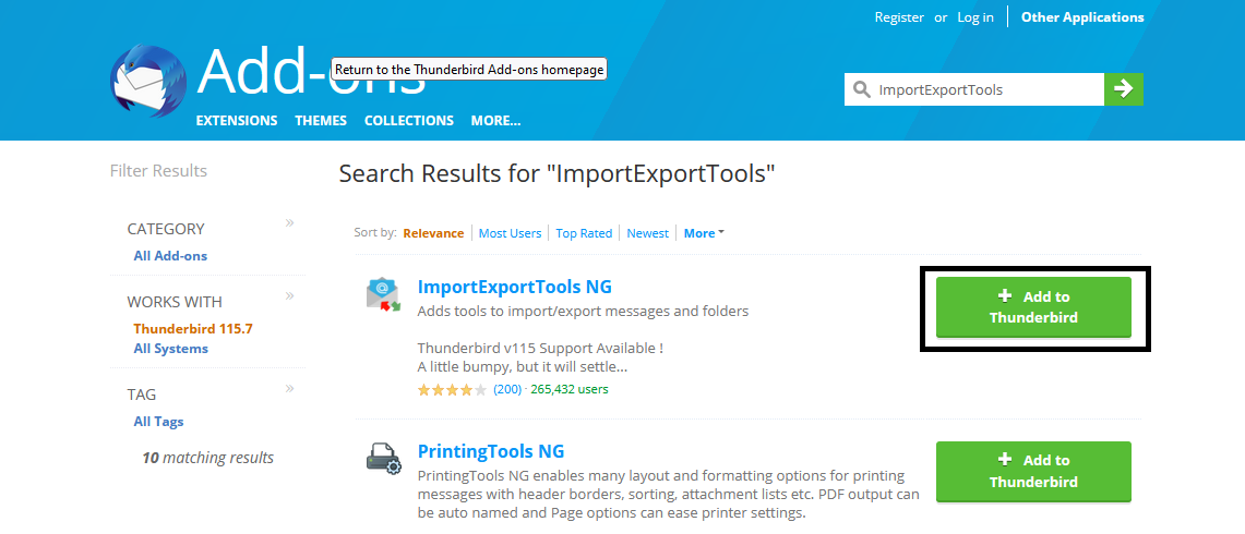 Add ImportExportTools Extension to Thunderbird