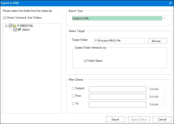 Select Export in EML from the Export type