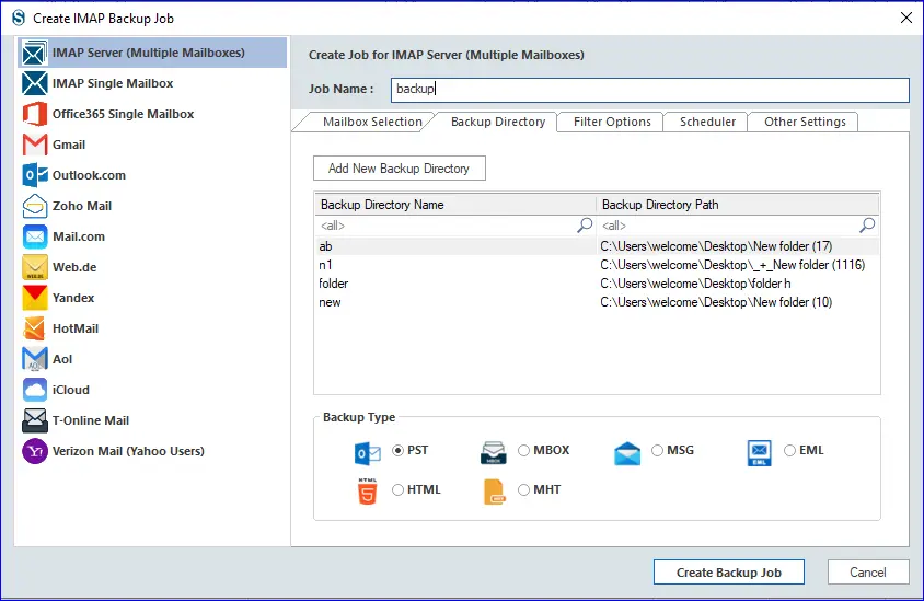 Choose Backup type as PST