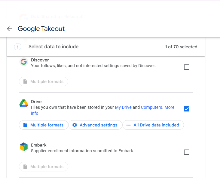 Select Drive Export in Google Takeout