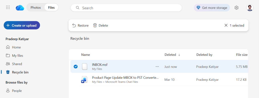 Restore deleted files from Recycle Bin
