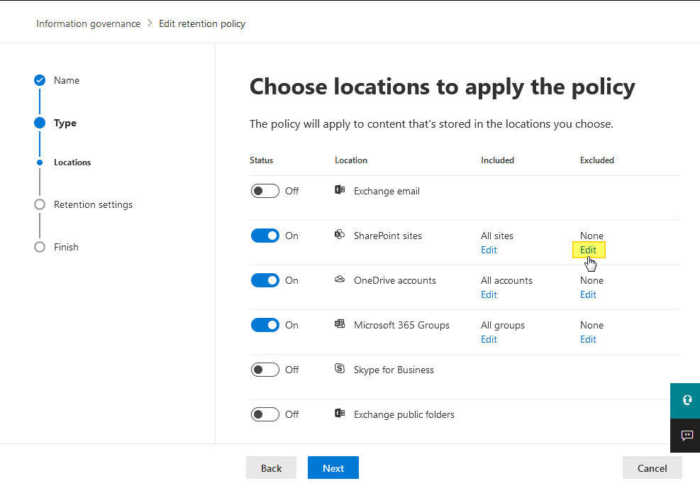 Choose location where to Apply retention Policy