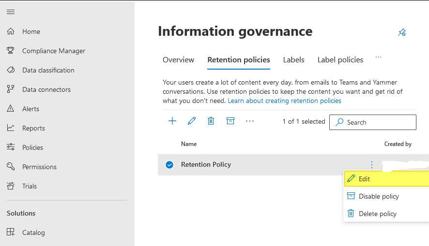 Edit Retention Policy