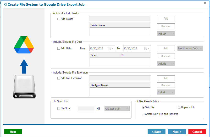Filter via folder name, dates, file extension, or file size criteria