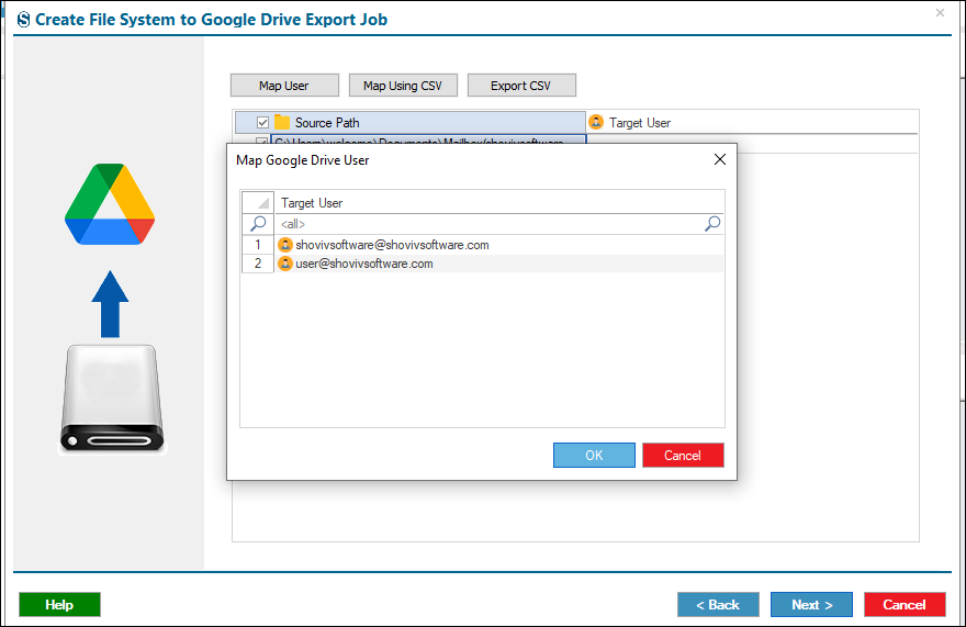 Map source path to target user account