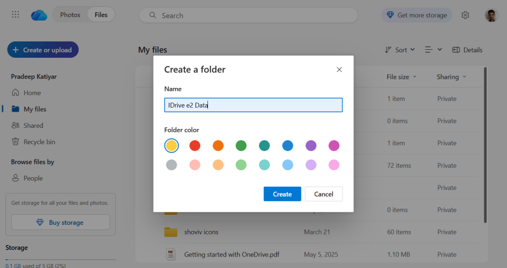 Create a new folder in OneDrive