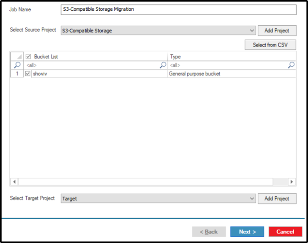 Select Bucket to migrate