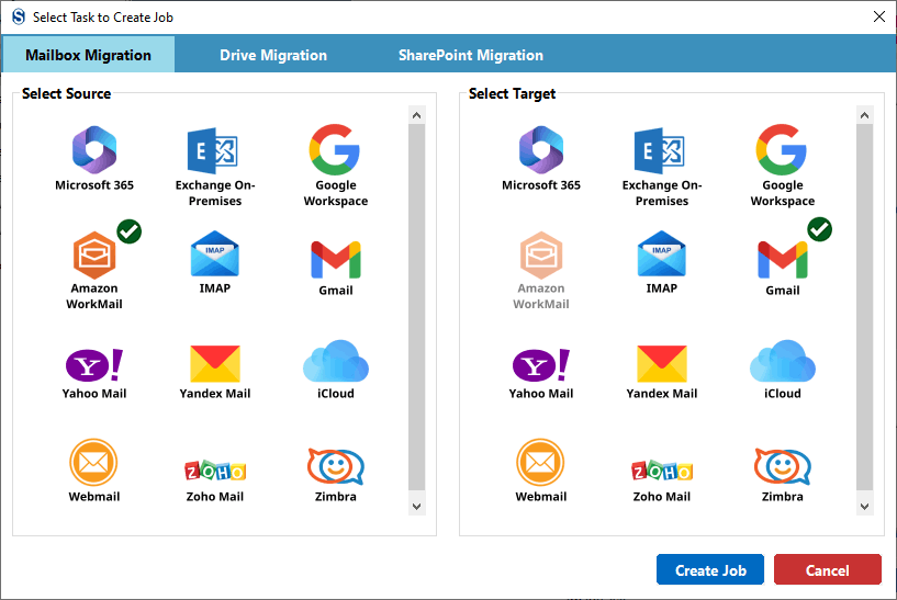 Select Source Amazon WorkMail and Target Gmail