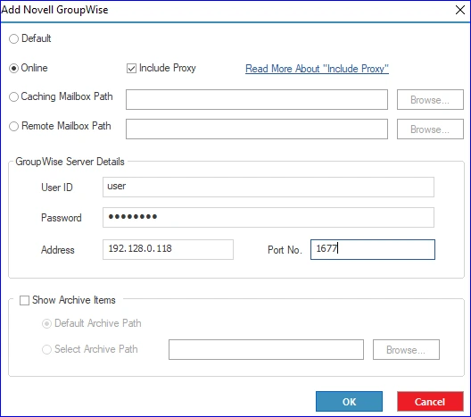 Select the Online option to connect the user mailbox