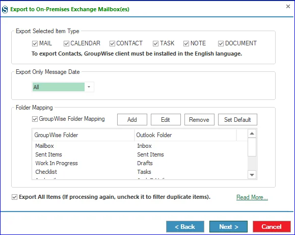 Manage settings such as Export Selected Item Type