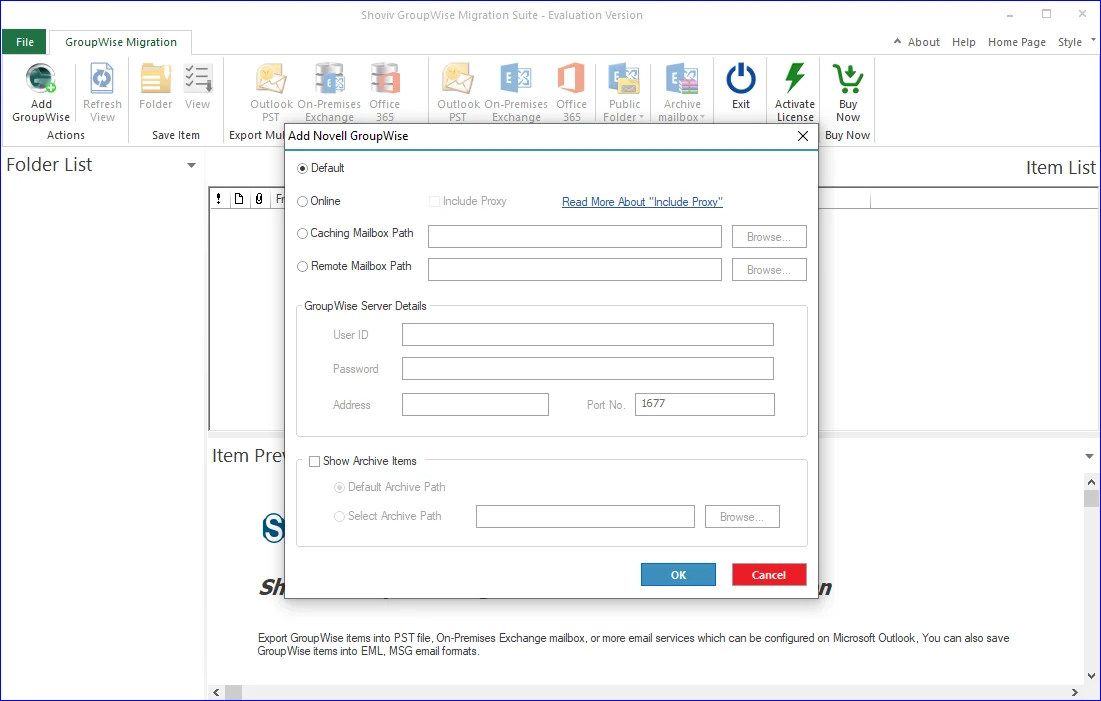 Connect the source GroupWise mailbox
