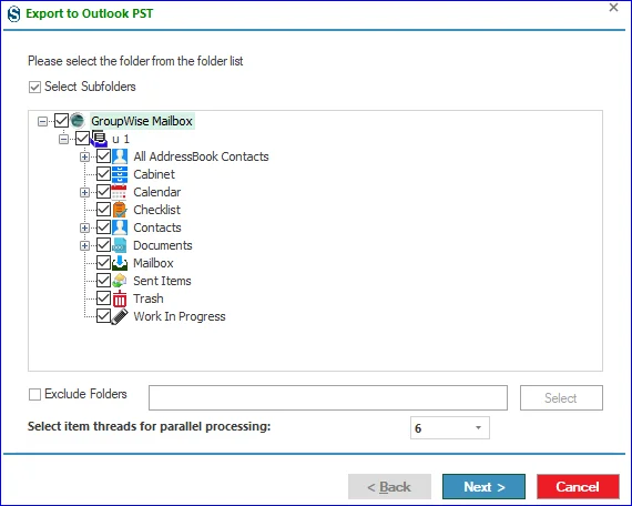 Tick or untick folders and subfolders of the GroupWise mailbox