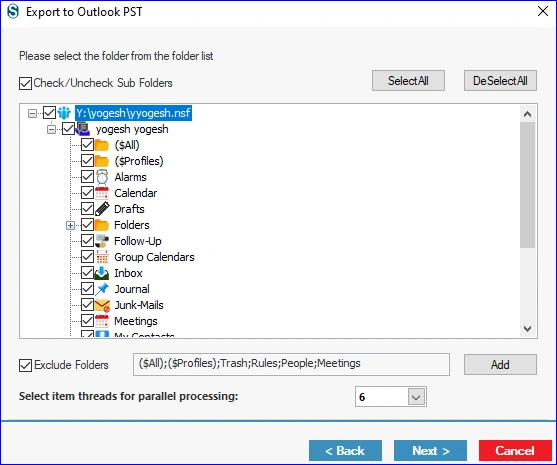 Check or uncheck the subfolders and folders