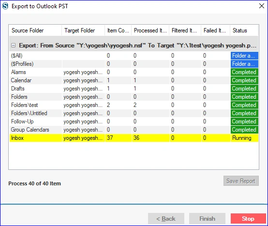 Start exporting NSF file items to PST format
