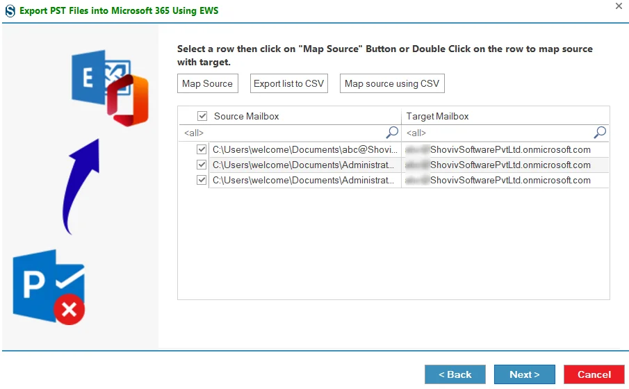 Check the source mailboxes listed for the mapping