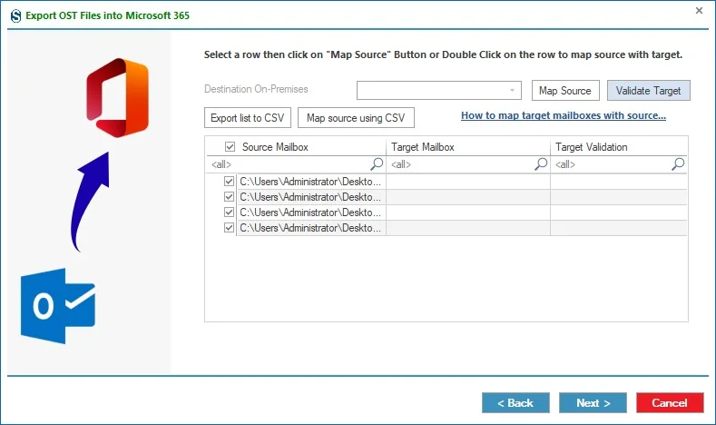Map the source mailbox to the target mailbox