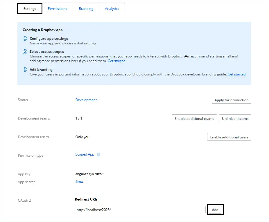 create app key and app secret for dropbox connection