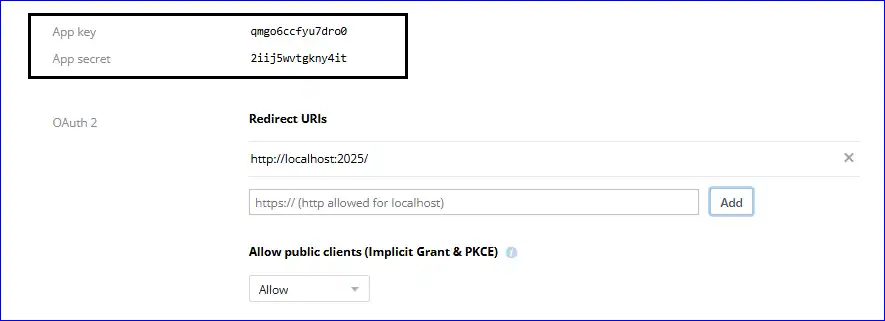 create app key and app secret for dropbox connection