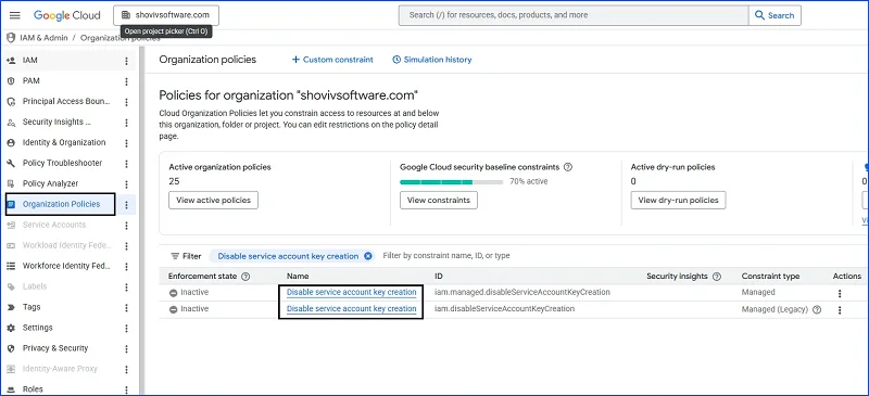 Disable service account key creation